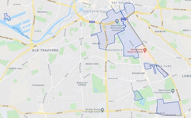 Map showing the safezone areas in Manchester