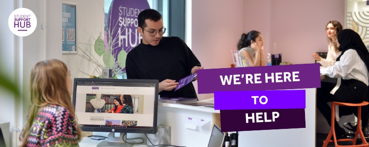 Students at a university support hub engage with staff for guidance; a computer displays the hub's website and a sign reads “We’re here to help,” emphasizing academic and personal assistance.